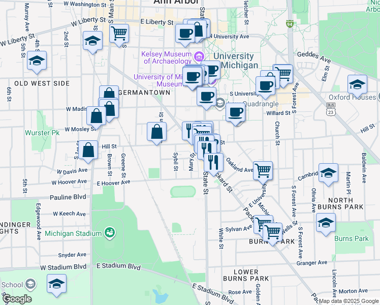 map of restaurants, bars, coffee shops, grocery stores, and more near in Ann Arbor