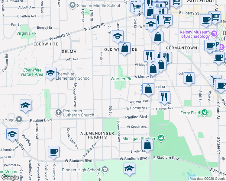 map of restaurants, bars, coffee shops, grocery stores, and more near 801 5th Street in Ann Arbor