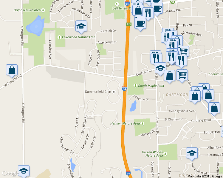 map of restaurants, bars, coffee shops, grocery stores, and more near 844 Summerfield Glen in Ann Arbor