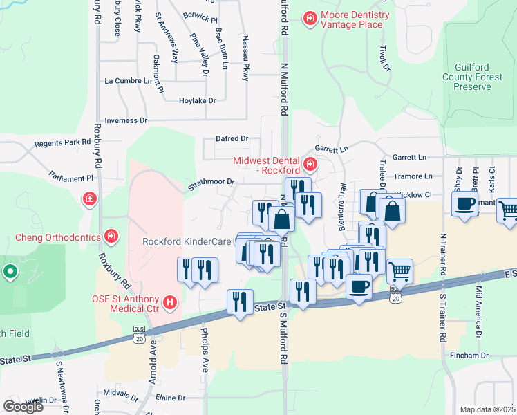 map of restaurants, bars, coffee shops, grocery stores, and more near 432 Bancroft Court in Rockford
