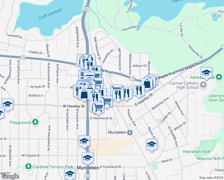 map of restaurants, bars, coffee shops, grocery stores, and more near 452 Morris Avenue in Mundelein