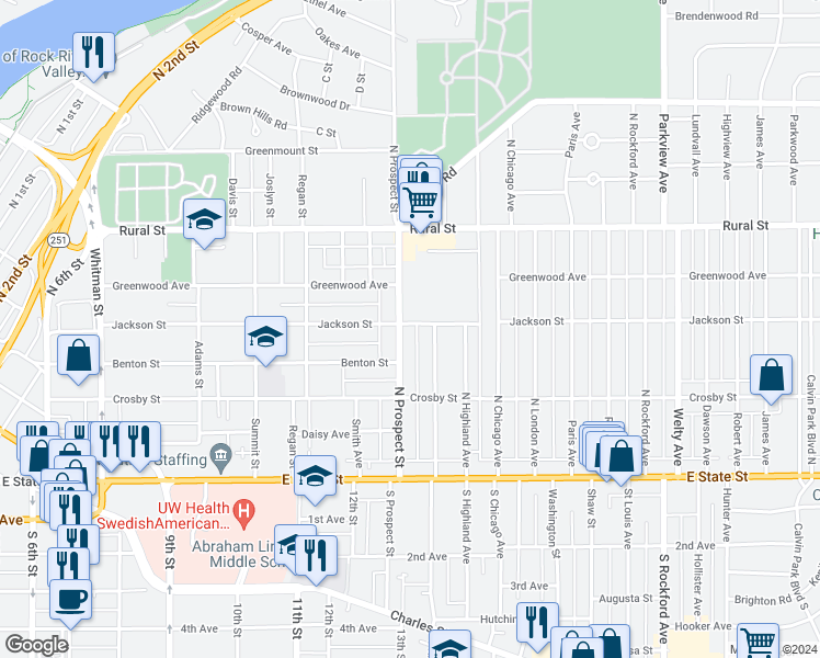 map of restaurants, bars, coffee shops, grocery stores, and more near 427 North Prospect Street in Rockford