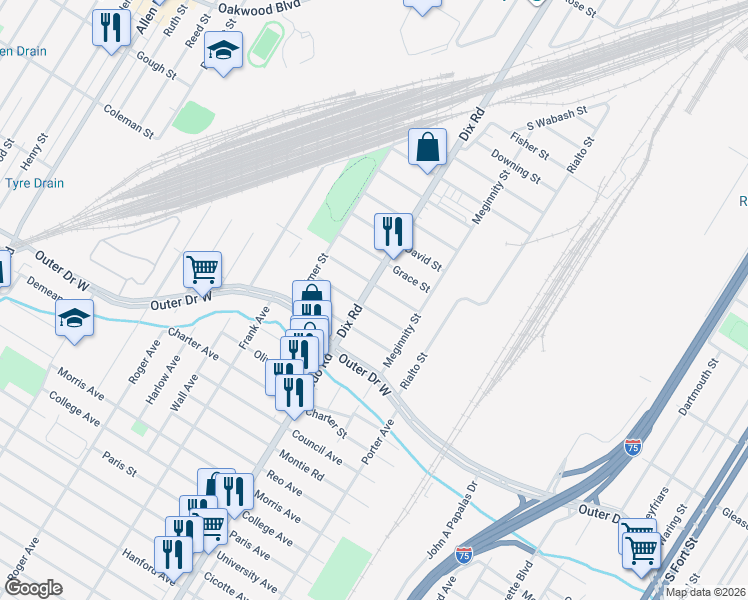 map of restaurants, bars, coffee shops, grocery stores, and more near 19120 Dix Road in Melvindale