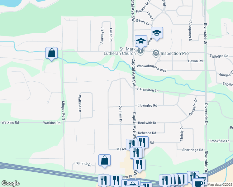 map of restaurants, bars, coffee shops, grocery stores, and more near 140 Dunham Drive in Battle Creek