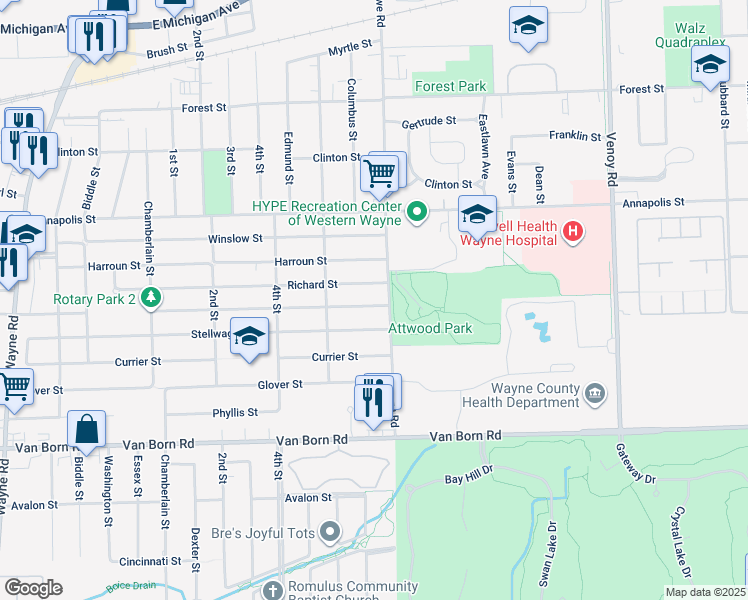 map of restaurants, bars, coffee shops, grocery stores, and more near 33940 John Street in Wayne