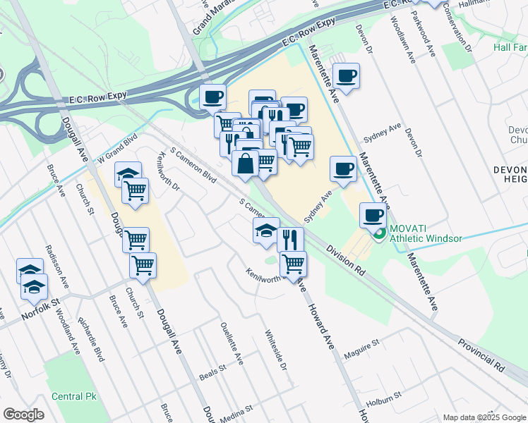 map of restaurants, bars, coffee shops, grocery stores, and more near 5399 South Cameron Boulevard in Windsor