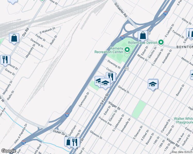 map of restaurants, bars, coffee shops, grocery stores, and more near 12888 Conway Street in Detroit