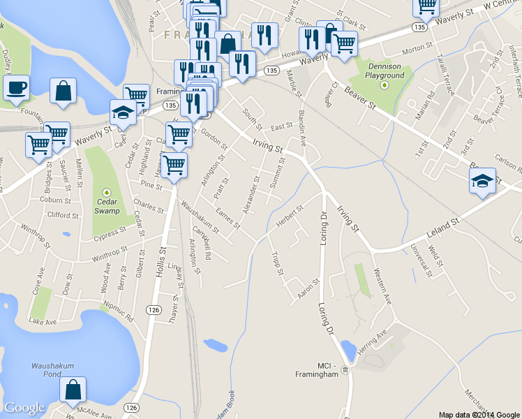 map of restaurants, bars, coffee shops, grocery stores, and more near 81 Summit St in Framingham