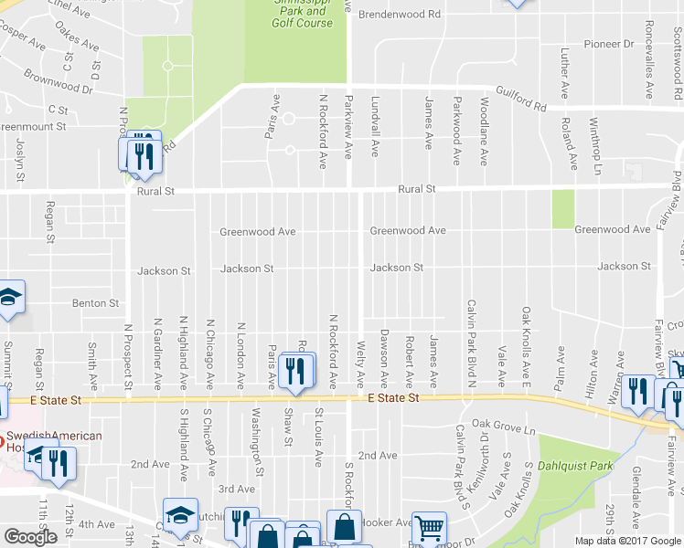 map of restaurants, bars, coffee shops, grocery stores, and more near 429 North Rockford Avenue in Rockford