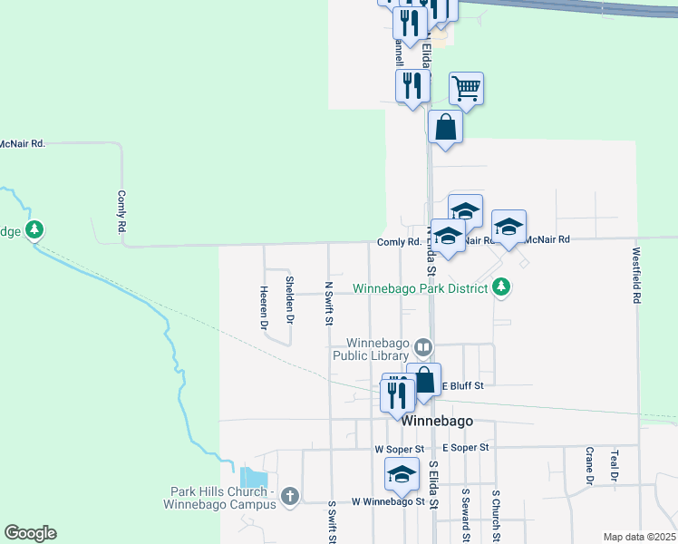 map of restaurants, bars, coffee shops, grocery stores, and more near 405 North Swift Street in Winnebago