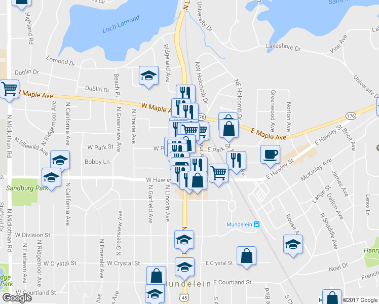 map of restaurants, bars, coffee shops, grocery stores, and more near 17 East Park Street in Mundelein