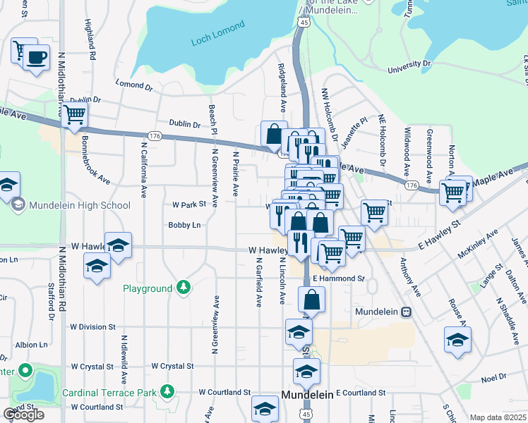 map of restaurants, bars, coffee shops, grocery stores, and more near 195 West Park Street in Mundelein