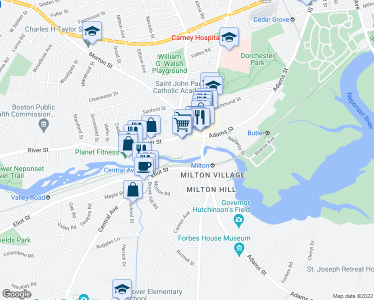 map of restaurants, bars, coffee shops, grocery stores, and more near 428 River Street in Boston