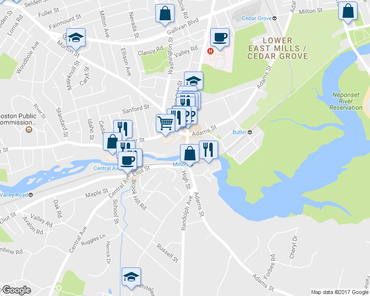 map of restaurants, bars, coffee shops, grocery stores, and more near 1245 Adams St in Milton