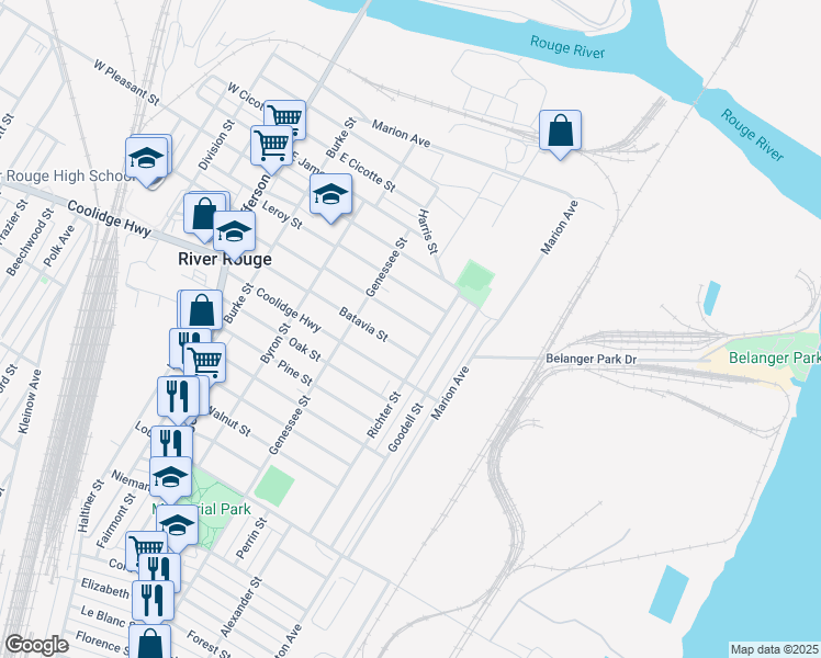 map of restaurants, bars, coffee shops, grocery stores, and more near 138 East Henry Street in River Rouge