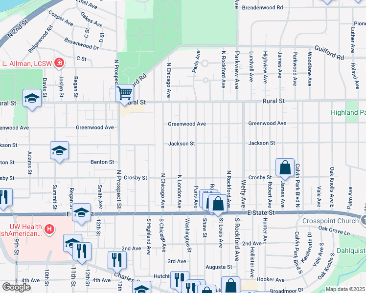 map of restaurants, bars, coffee shops, grocery stores, and more near 431 North London Avenue in Rockford