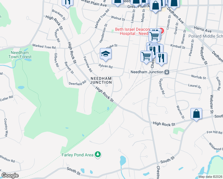 map of restaurants, bars, coffee shops, grocery stores, and more near 39 Murphy Road in Needham