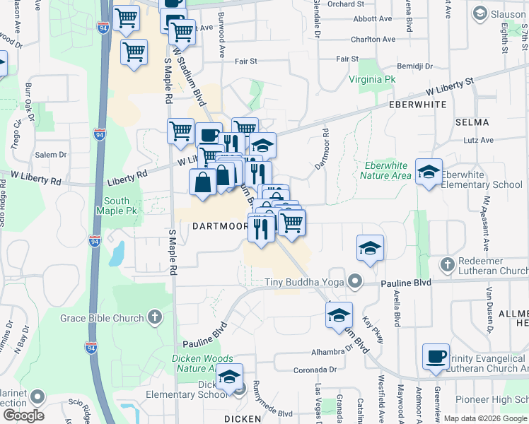 map of restaurants, bars, coffee shops, grocery stores, and more near in Ann Arbor