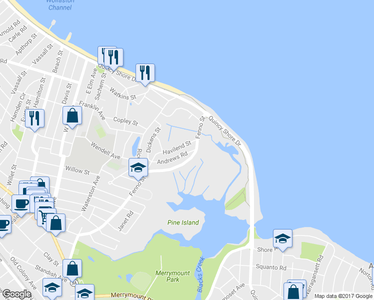 map of restaurants, bars, coffee shops, grocery stores, and more near 70 Andrews Road in Quincy