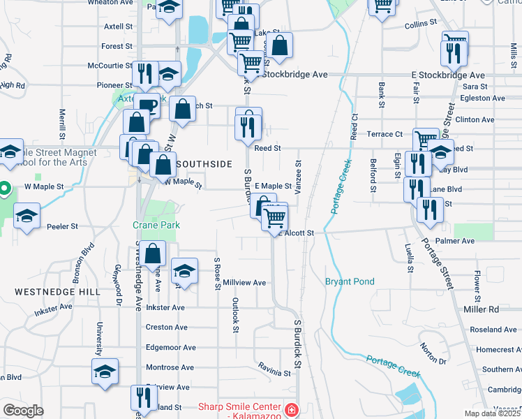 map of restaurants, bars, coffee shops, grocery stores, and more near 2009 South Burdick Street in Kalamazoo