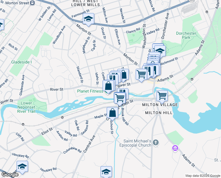 map of restaurants, bars, coffee shops, grocery stores, and more near 89 River Street in Boston