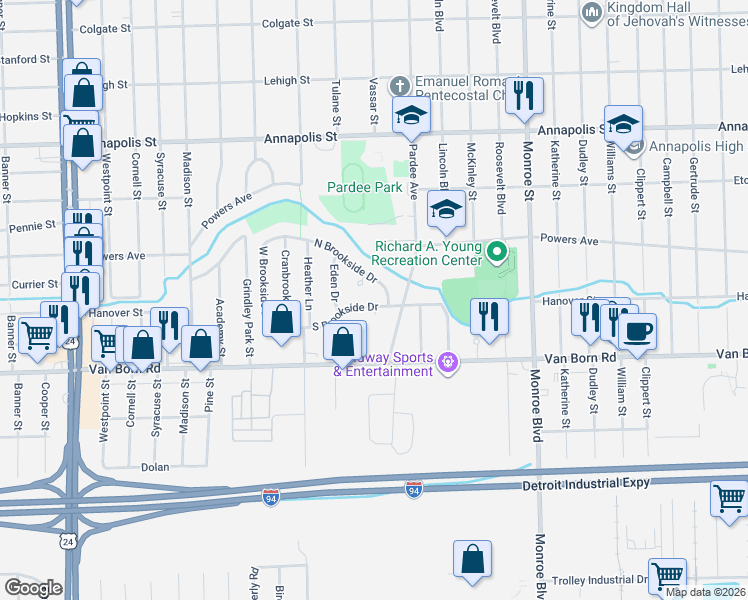 map of restaurants, bars, coffee shops, grocery stores, and more near 22832 South Brookside Drive in Dearborn Heights
