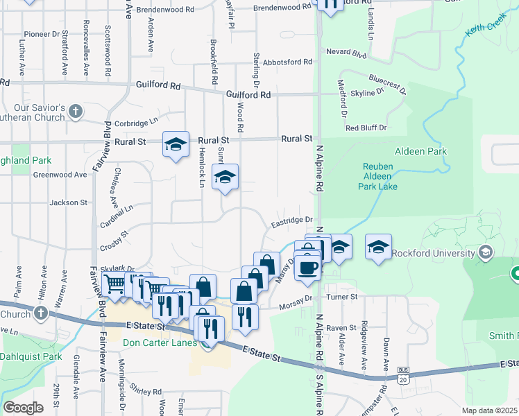 map of restaurants, bars, coffee shops, grocery stores, and more near 4120 Crosby Street in Rockford