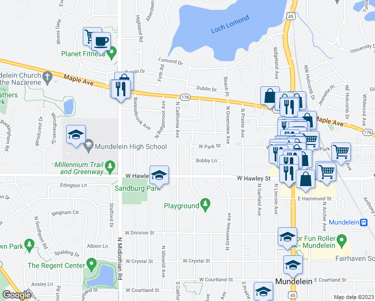 map of restaurants, bars, coffee shops, grocery stores, and more near 448 North Pershing Avenue in Mundelein
