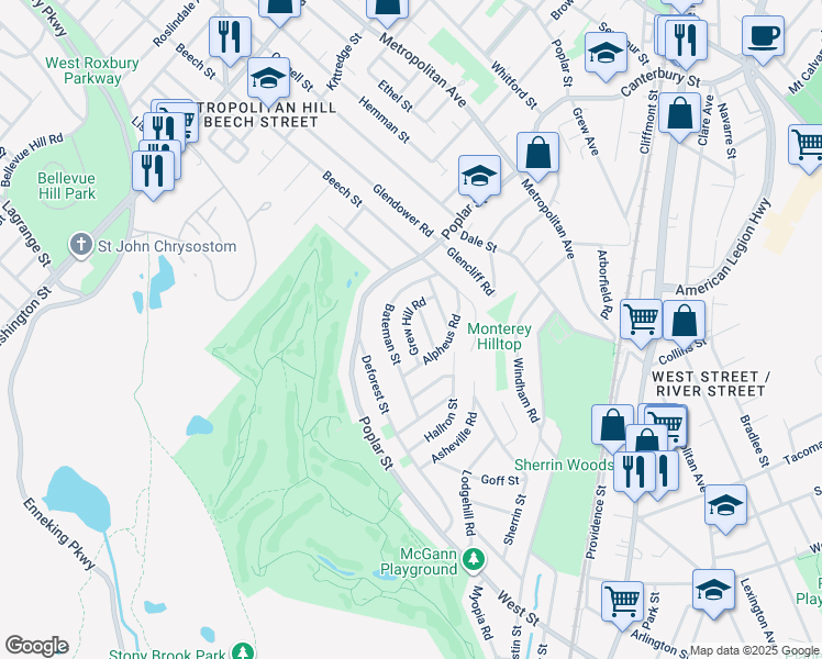 map of restaurants, bars, coffee shops, grocery stores, and more near 14 Grew Hill Road in Boston