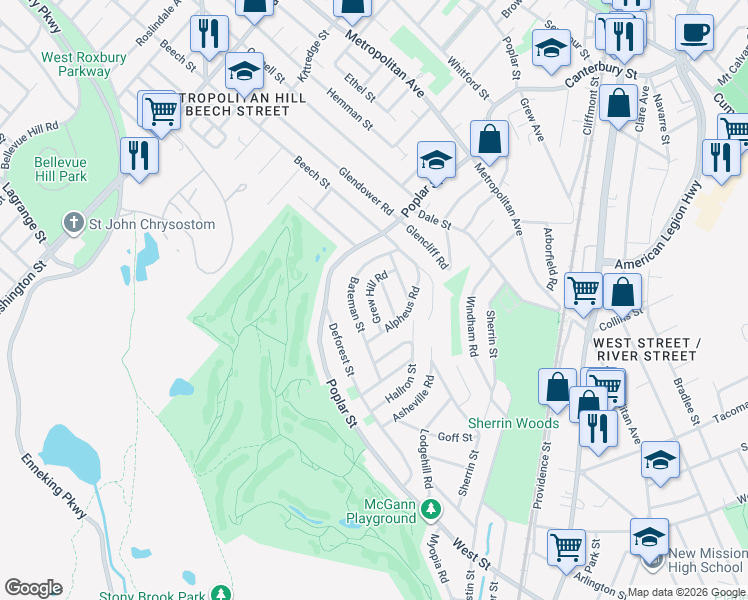 map of restaurants, bars, coffee shops, grocery stores, and more near 14 Grew Hill Road in Boston