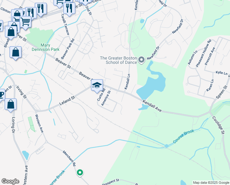 map of restaurants, bars, coffee shops, grocery stores, and more near 55 Kendall Avenue in Framingham