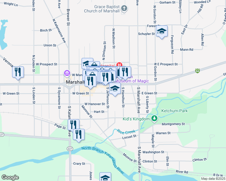 map of restaurants, bars, coffee shops, grocery stores, and more near 115 East Green Street in Marshall
