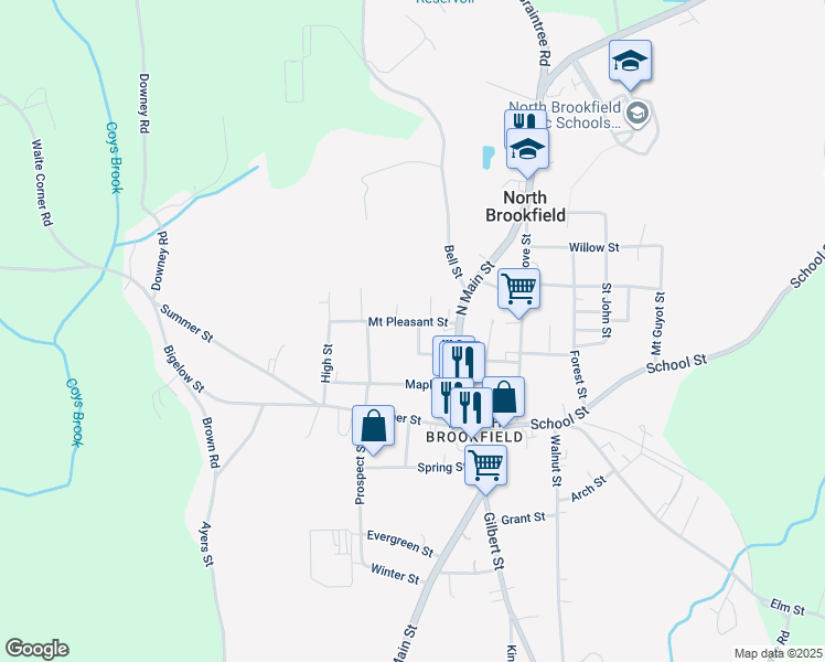 map of restaurants, bars, coffee shops, grocery stores, and more near 25 Mount Pleasant Street in North Brookfield