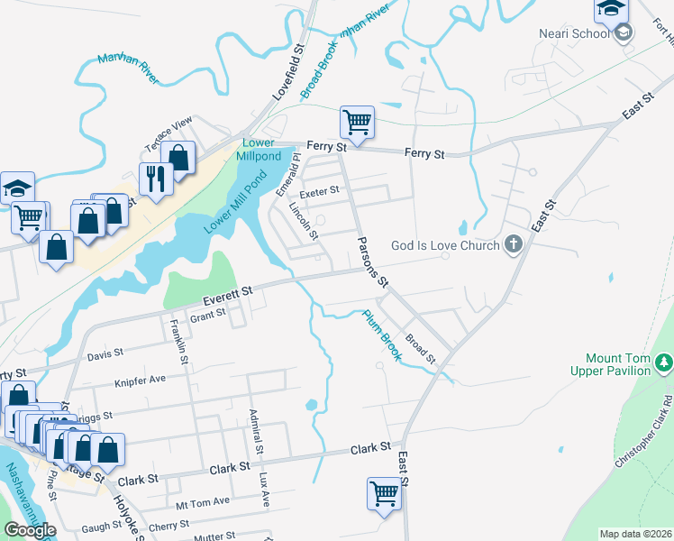 map of restaurants, bars, coffee shops, grocery stores, and more near 157 Everett Street in Easthampton