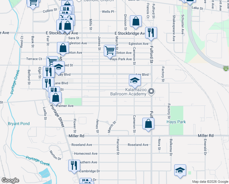 map of restaurants, bars, coffee shops, grocery stores, and more near 1400 Bryant Street in Kalamazoo
