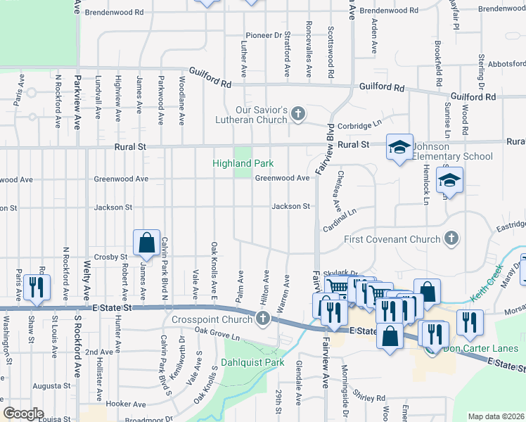 map of restaurants, bars, coffee shops, grocery stores, and more near 434 Hilton Avenue in Rockford
