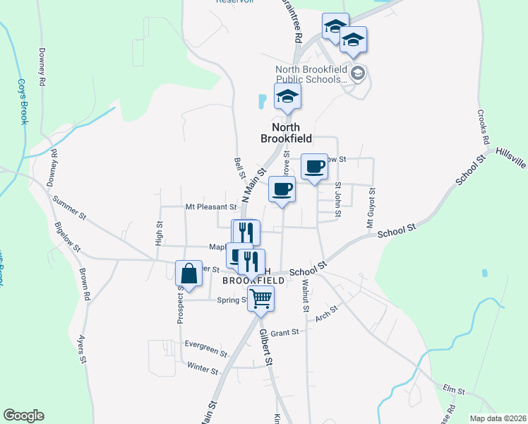 map of restaurants, bars, coffee shops, grocery stores, and more near 16 Nursery Avenue in North Brookfield