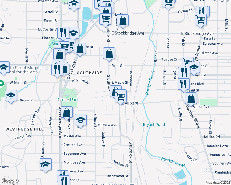 map of restaurants, bars, coffee shops, grocery stores, and more near 136 East Belmont Street in Kalamazoo