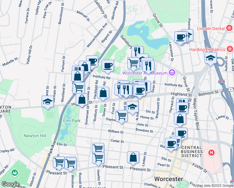 map of restaurants, bars, coffee shops, grocery stores, and more near 5 Schussler Road in Worcester