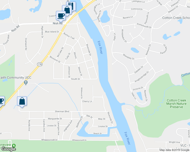 map of restaurants, bars, coffee shops, grocery stores, and more near 4019 Riverside Drive in Crystal Lake
