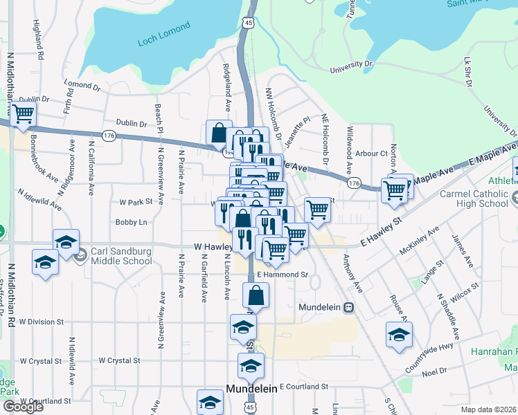 map of restaurants, bars, coffee shops, grocery stores, and more near 17 East Park Street in Mundelein