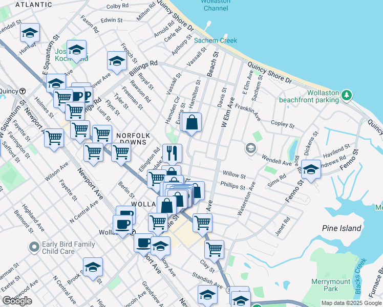 map of restaurants, bars, coffee shops, grocery stores, and more near 114 Beach Street in Quincy