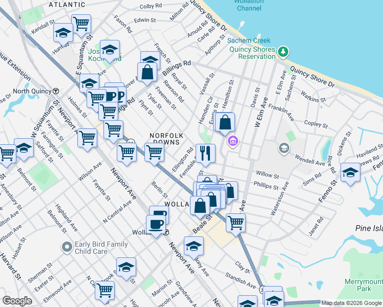 map of restaurants, bars, coffee shops, grocery stores, and more near 60 Ferndale Road in Quincy