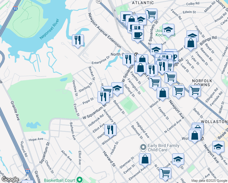 map of restaurants, bars, coffee shops, grocery stores, and more near 161 West Squantum Street in Quincy