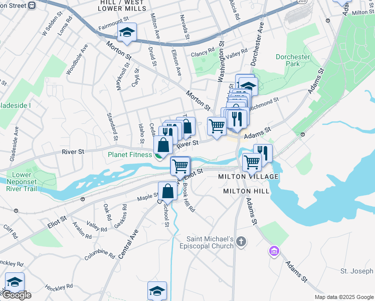 map of restaurants, bars, coffee shops, grocery stores, and more near 52R River Street in Boston