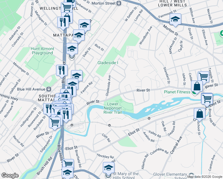 map of restaurants, bars, coffee shops, grocery stores, and more near 18 Briarcliff Terrace in Boston