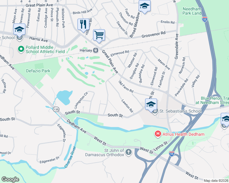 map of restaurants, bars, coffee shops, grocery stores, and more near 42 Lawton Road in Needham