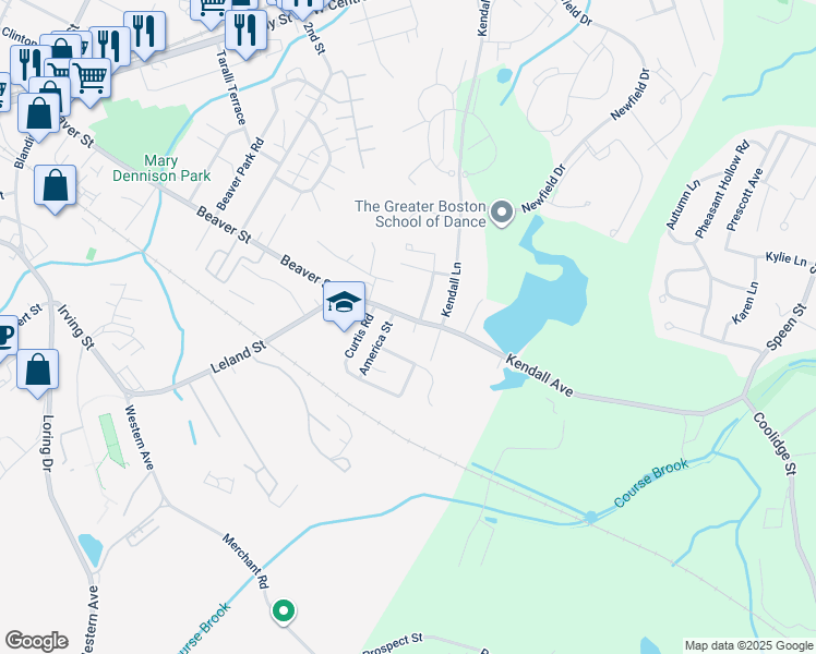 map of restaurants, bars, coffee shops, grocery stores, and more near 55 Kendall Avenue in Framingham