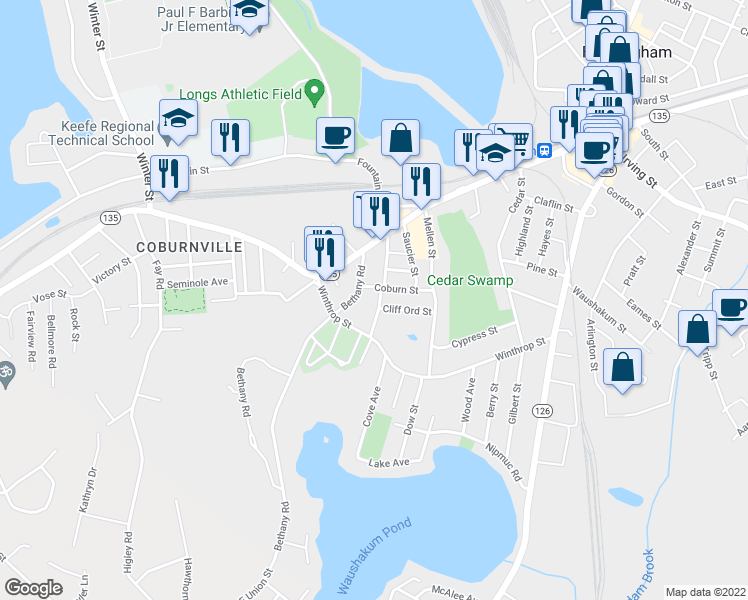 map of restaurants, bars, coffee shops, grocery stores, and more near 69 Bridges Street Extension in Framingham
