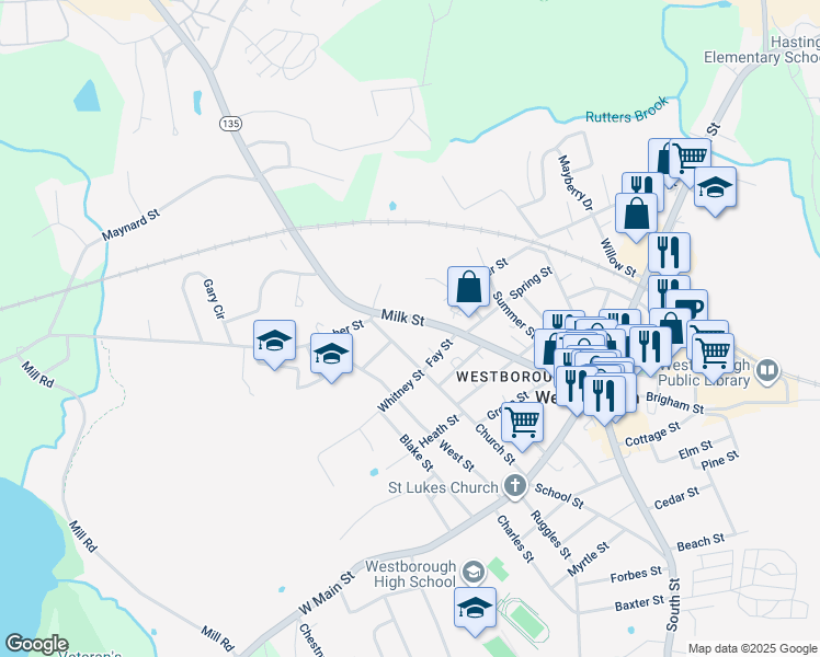 map of restaurants, bars, coffee shops, grocery stores, and more near 88 Milk Street in Westborough